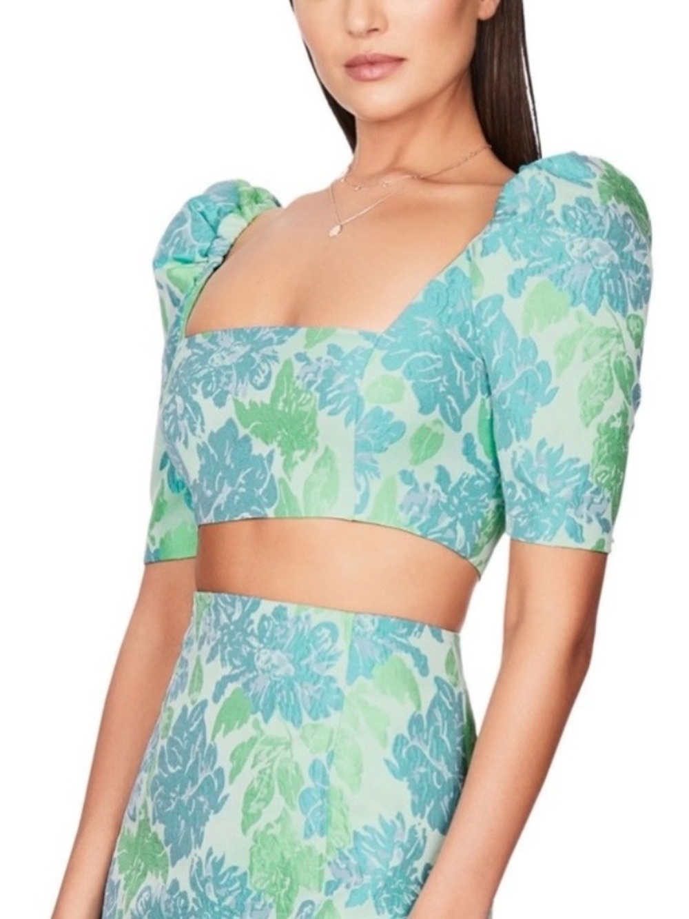 NWT Nookie ‘Solana’ Puff Sleeve Crop Top in Mint/Blue Jacquard Size Medium
